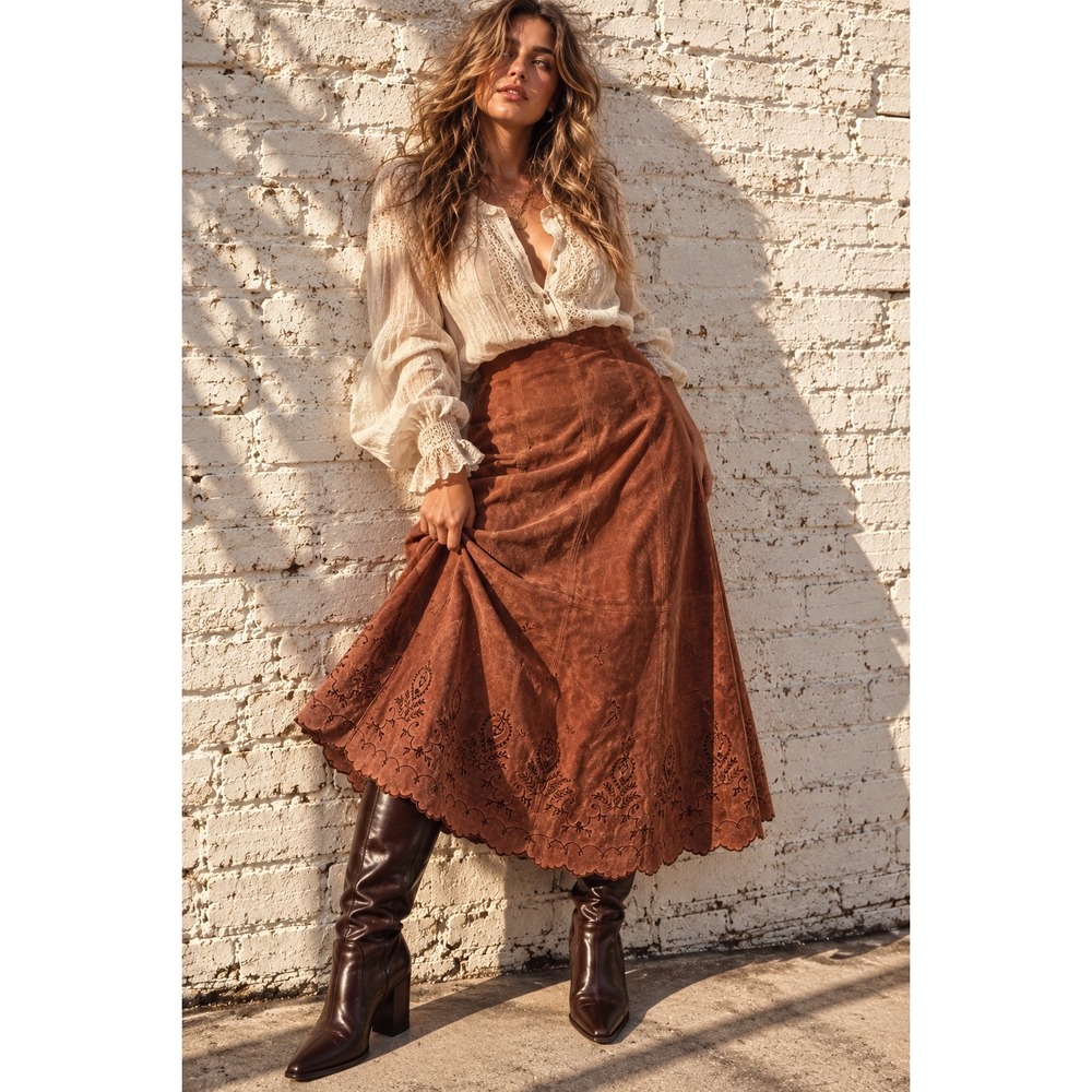 Vintage Coldwater Creek Brown Suede Leather Embroidered Scallop Midi Skirt 14P